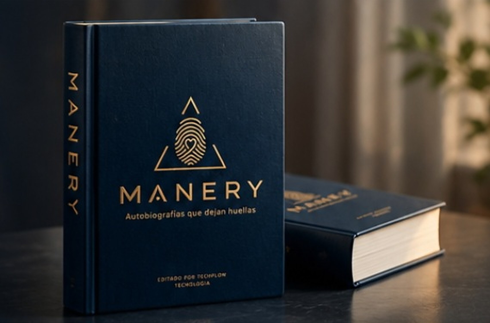 Libro MANERY de tapa dura azul noche con letras doradas, de pie junto a un segundo tomo
